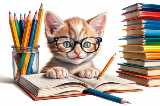 cute kitten student with textbooks .