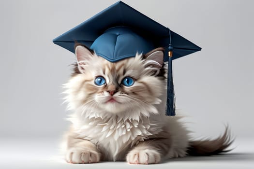 cute cat in graduation hat isolated on light background .