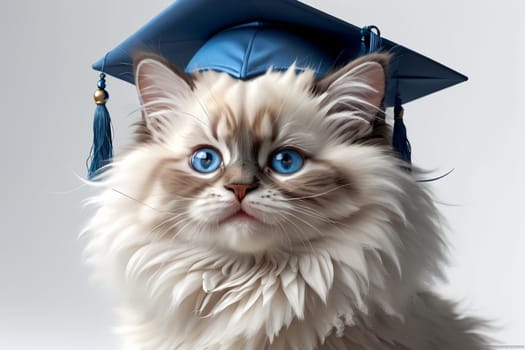 cute cat in graduation hat isolated on light background .