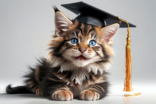 cute cat in graduation hat isolated on light background .