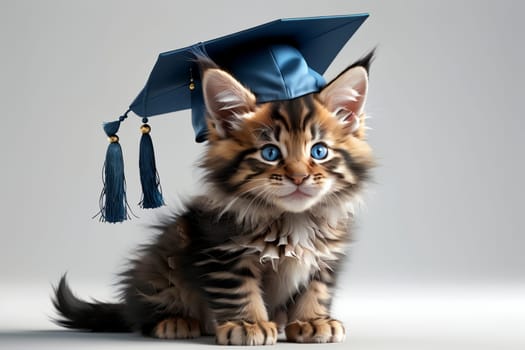 cute cat in graduation hat isolated on light background .