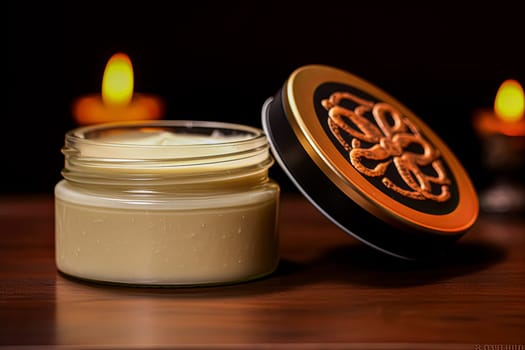 A jar of lotion sits on a wooden surface. The lotion is creamy and has a light color. Concept of relaxation and self-care