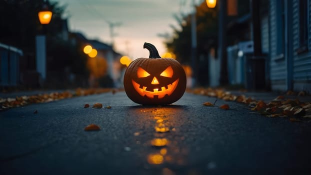 One halloween pumpkin on evening street