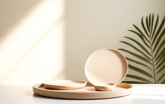 A white table with a wooden tray and three plates on it, creating a minimalist and stylish dining setup.