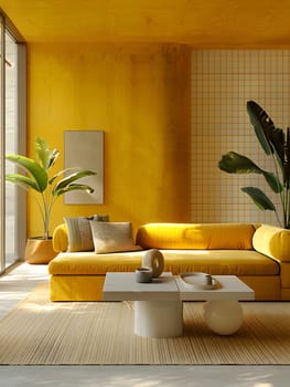 A living room with vibrant yellow walls and a matching yellow couch creates a cheerful ambiance. The room features wooden flooring, a rectangular layout, and a plant for added freshness