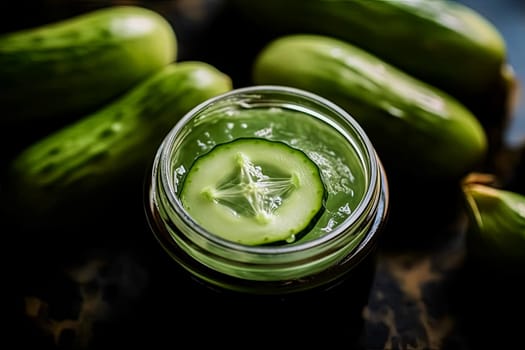 A jar of cucumber juice with a cucumber slice in it. The jar is on a table with other cucumbers