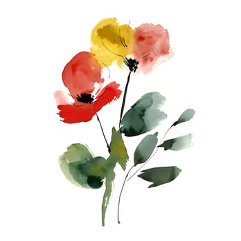 A watercolor painting featuring a beautiful bouquet of flowers, including garden roses, on a pristine white background. The delicate petals and vibrant colors bring the artwork to life