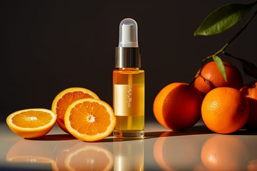 A bottle of orange face oil sits on the table surrounded by oranges, representing natural skincare.