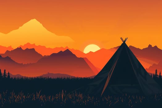 Sunset teepee camping with mountain range background in travel adventure concept
