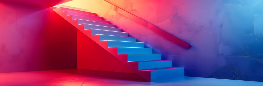 A colorful light display illuminates a set of stairs in a room, creating a vibrant backdrop for a grand piano and electronic keyboard