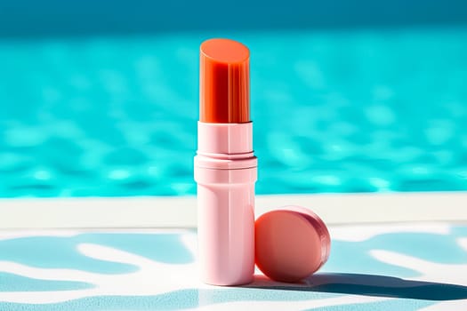 A tube of lip balm is sitting on the water. The tube is orange and has a white cap. The scene is set in a pool area with umbrellas and chairs