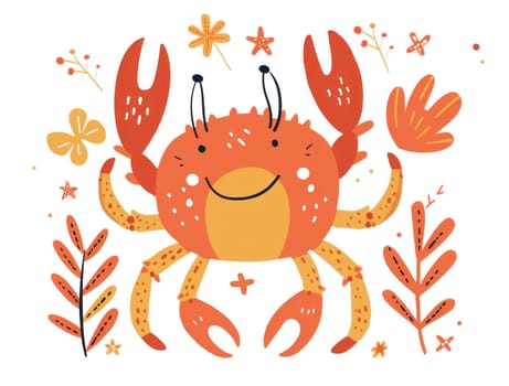 Happy crab surrounded by floral beauty in a tropical paradise with lush greenery and colorful blooms