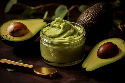 A jar of green face cream made from natural plant-based ingredients with avocado oil sits on the table surrounded by sliced avocados.