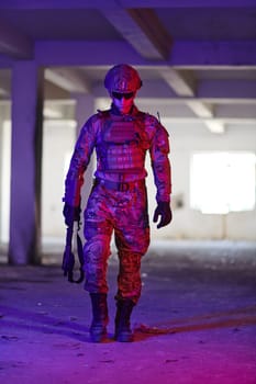 A professional soldier undertakes a perilous mission in an abandoned building illuminated by neon blue and purple lights.