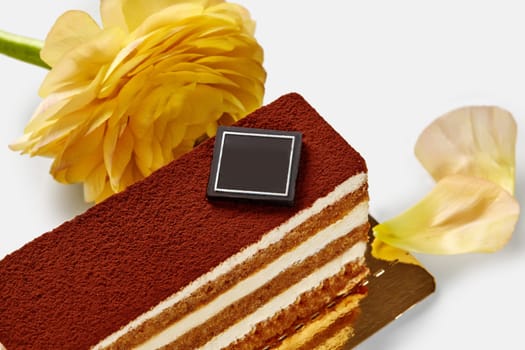 Elegant tiramisu slice with soft sponge cake with coffee taste and delicate creamy layers dusted with cocoa and garnished with vibrant yellow flower on white background. Gourmet dessert presentation