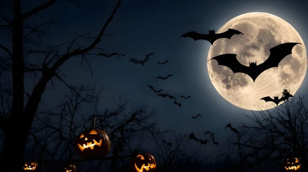 Flying Black silhouette of bats under moon in mystery halloween night