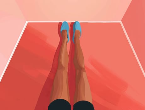 Fashionable woman's legs in blue shoes standing on a vibrant red floor in an artistic illustration