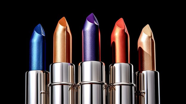 A row of lipsticks with glittery colors. The lipsticks are arranged in a row, with the first one being red and the last one being gold