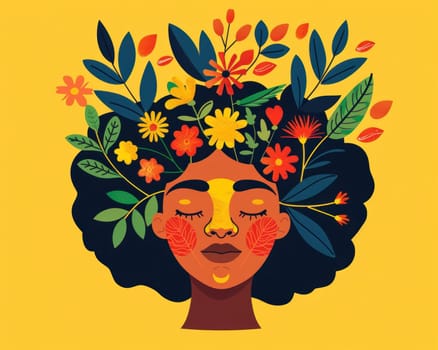 Beautiful afro woman with floral hair and face makeup, elegant beauty and artistic fashion concept illustration