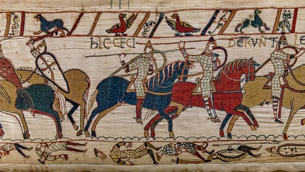 BAYEUX, FRANCE, MAY 14, 2024 : Tapestry of Bayeux, illustrate the battle of Hastings year 1066, Norman conquest of England