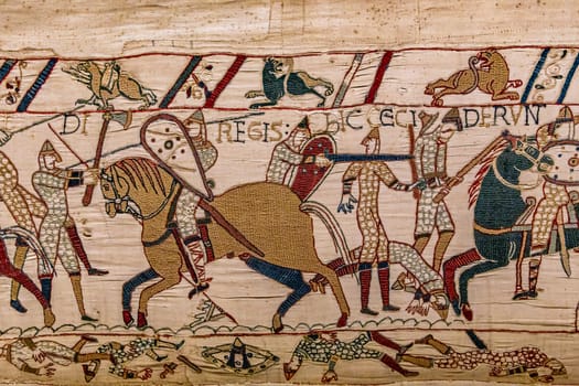 BAYEUX, FRANCE, MAY 14, 2024 : Tapestry of Bayeux, illustrate the battle of Hastings year 1066, Norman conquest of England