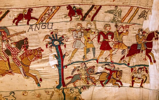 BAYEUX, FRANCE, MAY 14, 2024 : Tapestry of Bayeux, illustrate the battle of Hastings year 1066, Norman conquest of England