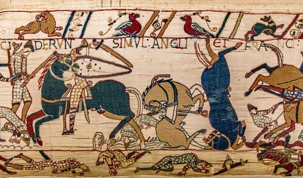 BAYEUX, FRANCE, MAY 14, 2024 : Tapestry of Bayeux, illustrate the battle of Hastings year 1066, Norman conquest of England