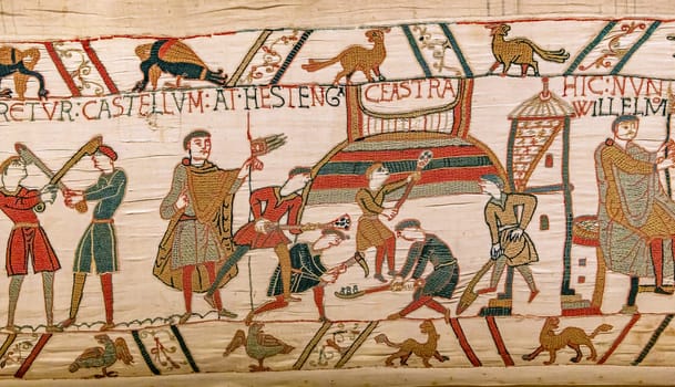 BAYEUX, FRANCE, MAY 14, 2024 : Tapestry of Bayeux, illustrate the battle of Hastings year 1066, Norman conquest of England