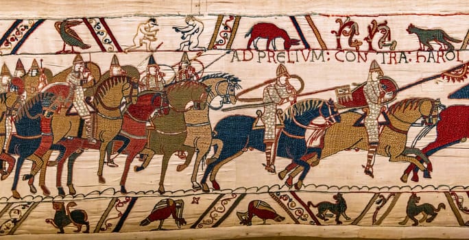 BAYEUX, FRANCE, MAY 14, 2024 : Tapestry of Bayeux, illustrate the battle of Hastings year 1066, Norman conquest of England