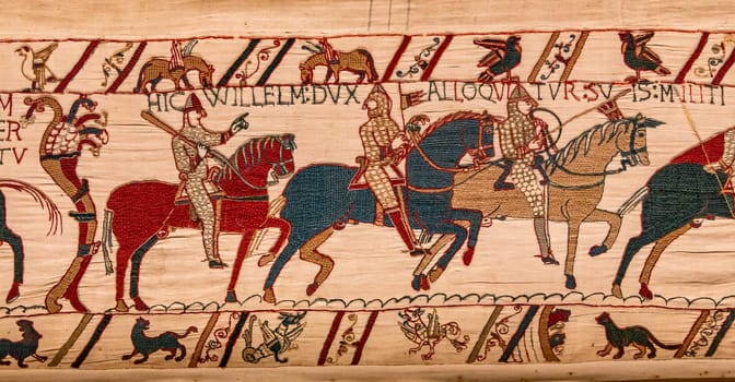 BAYEUX, FRANCE, MAY 14, 2024 : Tapestry of Bayeux, illustrate the battle of Hastings year 1066, Norman conquest of England