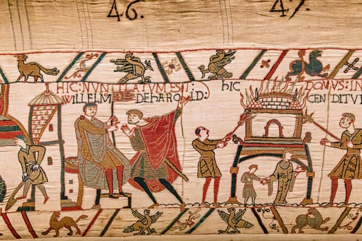 BAYEUX, FRANCE, MAY 14, 2024 : Tapestry of Bayeux, illustrate the battle of Hastings year 1066, Norman conquest of England