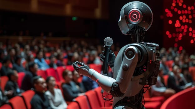 A robot is standing in front of a crowd of people, holding a microphone. The robot is wearing a red jacket and has a red microphone. The robot is giving a speech, and the audience is watching intently