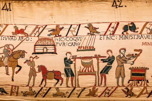 BAYEUX, FRANCE, MAY 14, 2024 : Tapestry of Bayeux, illustrate the battle of Hastings year 1066, Norman conquest of England