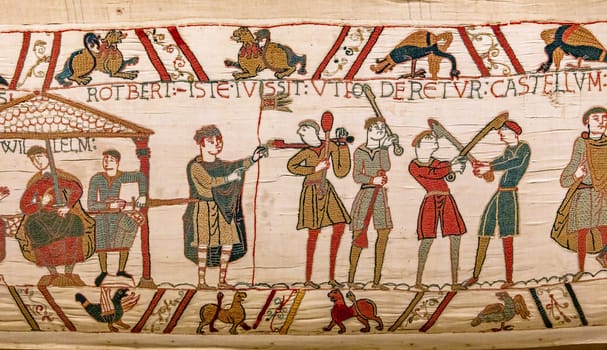 BAYEUX, FRANCE, MAY 14, 2024 : Tapestry of Bayeux, illustrate the battle of Hastings year 1066, Norman conquest of England