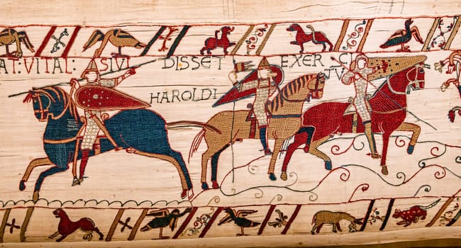 BAYEUX, FRANCE, MAY 14, 2024 : Tapestry of Bayeux, illustrate the battle of Hastings year 1066, Norman conquest of England