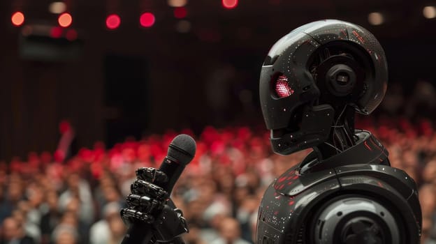 A robot is standing in front of a crowd of people, holding a microphone. The robot is wearing a red jacket and has a red microphone. The robot is giving a speech, and the audience is watching intently