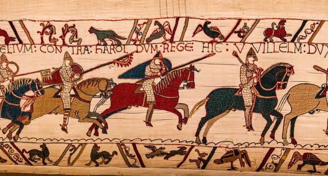 BAYEUX, FRANCE, MAY 14, 2024 : Tapestry of Bayeux, illustrate the battle of Hastings year 1066, Norman conquest of England