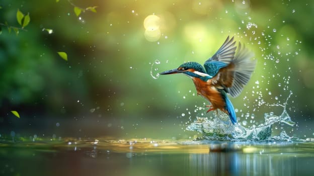 Majestic kingfisher bird soaring over rippling water with wings spread out in a beautiful nature scene
