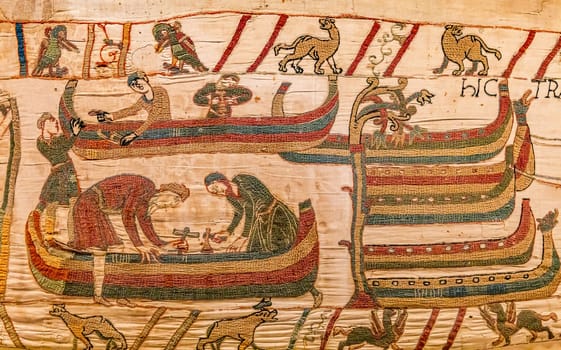 BAYEUX, FRANCE, MAY 14, 2024 : Tapestry of Bayeux, illustrate the battle of Hastings year 1066, Norman conquest of England