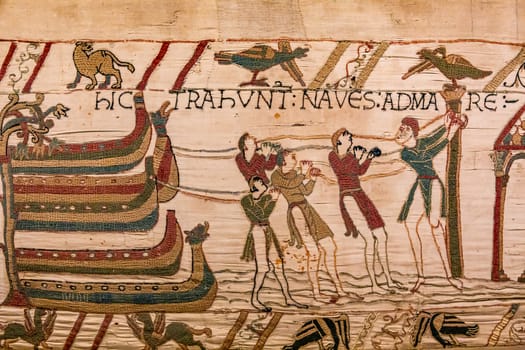 BAYEUX, FRANCE, MAY 14, 2024 : Tapestry of Bayeux, illustrate the battle of Hastings year 1066, Norman conquest of England