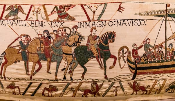 BAYEUX, FRANCE, MAY 14, 2024 : Tapestry of Bayeux, illustrate the battle of Hastings year 1066, Norman conquest of England