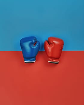 Two red and blue boxing gloves on a colorful background for sports and fitness concept