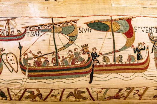 BAYEUX, FRANCE, MAY 14, 2024 : Tapestry of Bayeux, illustrate the battle of Hastings year 1066, Norman conquest of England