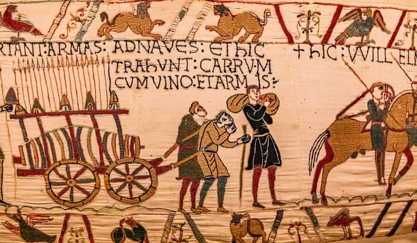 BAYEUX, FRANCE, MAY 14, 2024 : Tapestry of Bayeux, illustrate the battle of Hastings year 1066, Norman conquest of England