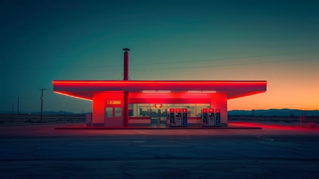 A gas station with a red roof and neon lights. The sky is orange and the sun is setting