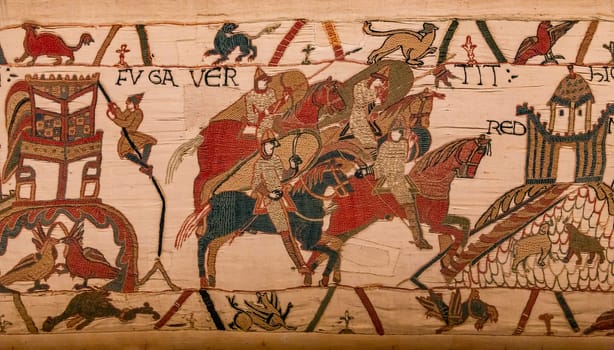 BAYEUX, FRANCE, MAY 14, 2024 : Tapestry of Bayeux, illustrate the battle of Hastings year 1066, Norman conquest of England