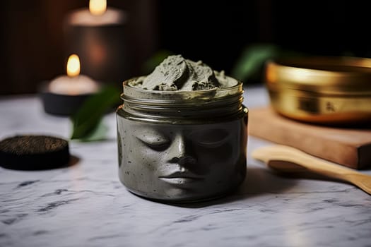 A jar of green facial clay sits on the table next to a bowl and spoon. The jar is filled with a caring face mask