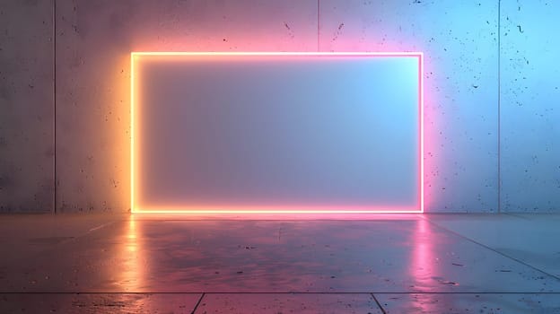 A rectangular purple and orange neon sign illuminates the concrete wall in the empty room. Powered by electricity or gas, it adds a touch of entertainment with magenta tints and shades