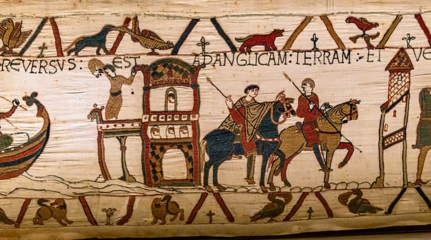 BAYEUX, FRANCE, MAY 14, 2024 : Tapestry of Bayeux, illustrate the battle of Hastings year 1066, Norman conquest of England