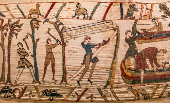 BAYEUX, FRANCE, MAY 14, 2024 : Tapestry of Bayeux, illustrate the battle of Hastings year 1066, Norman conquest of England